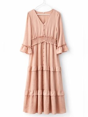 Pink Midi Dress | Smocked Waist | Ruffle Sleeve | Flowy Lightweight | Amegoya M